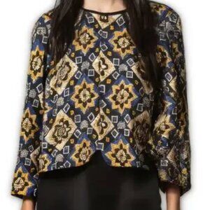 LOFT Kimono Jacket Embroidered Damask Blue Yellow L NWT